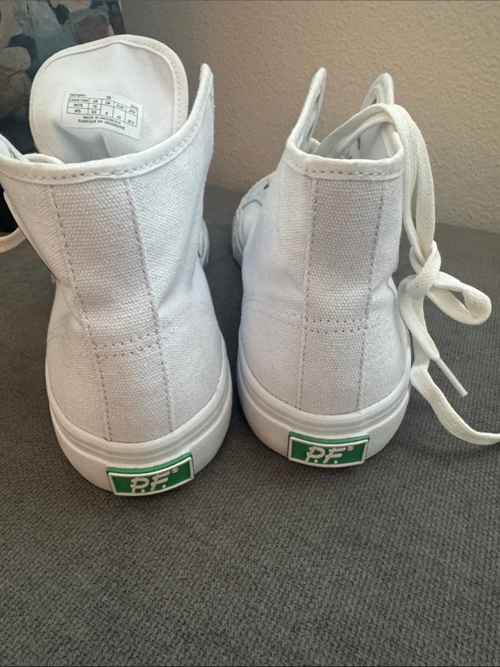 P.F. Flyers White High-Top Canvas Sneakers with Green Laces